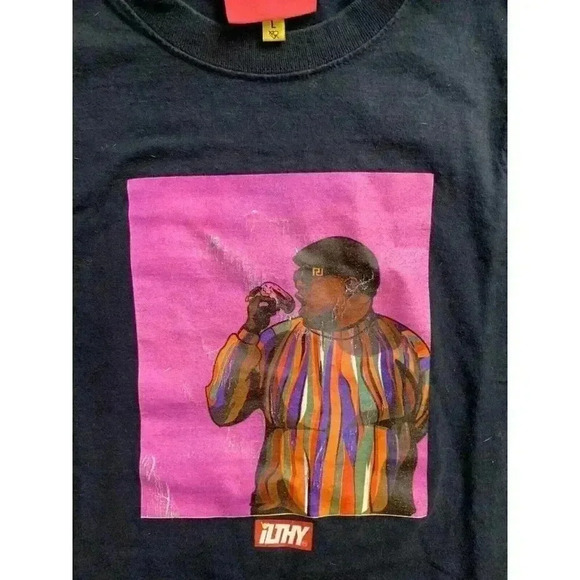 Ilthy T-Shirt Mens Size Large Biggie Eating Donut Numbered Of 43 Black Cracking - Picture 2 of 9